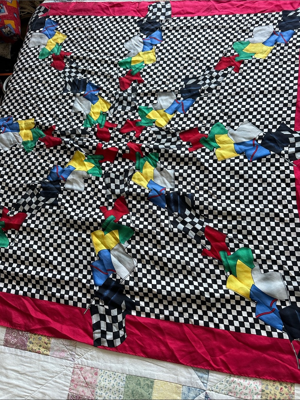X—Checkerboard Floral Satin Scarf in Black, Pink, Red, Green, Blue, Yellow